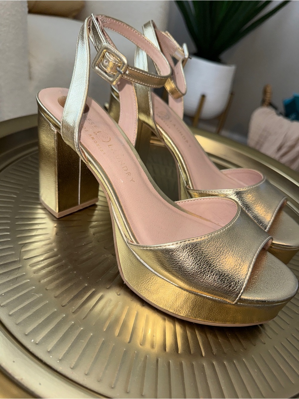 Metallic Gold Ankle-Strap Block Heel Sandals